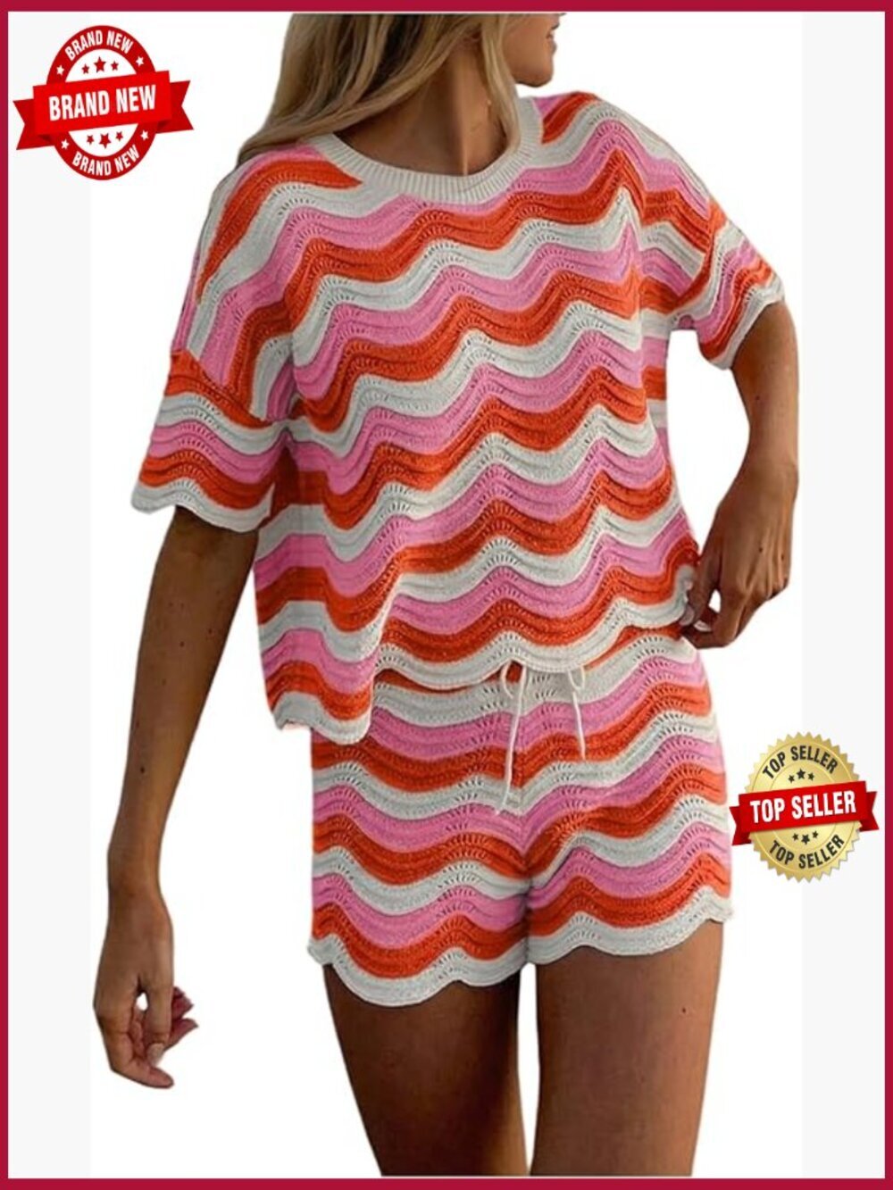Women's Striped Crochet 2 Piece Set Top Shorts Beach Vacation Outfits Cover Up